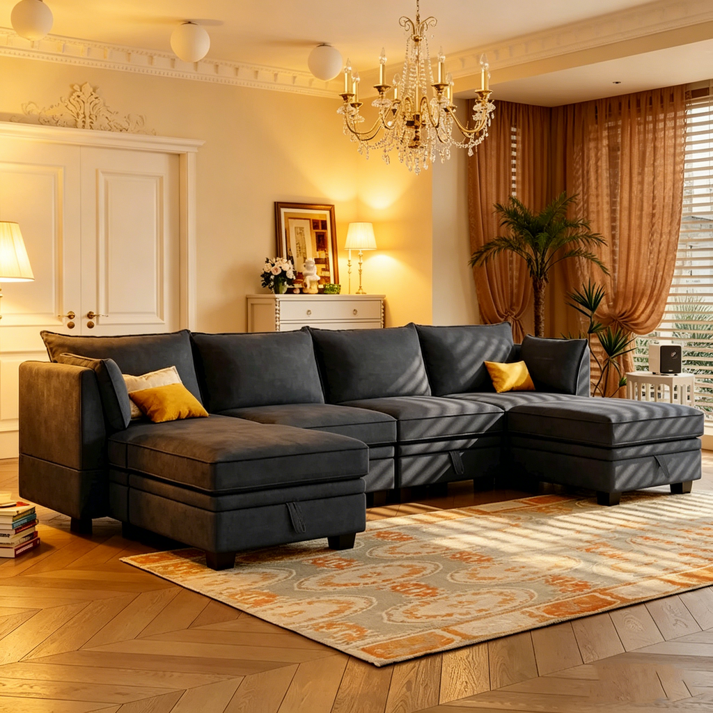 Canapé modulable moderne en U, convertible en lit, avec méridienne relevable, adapté au salon, avec assise de rangement.