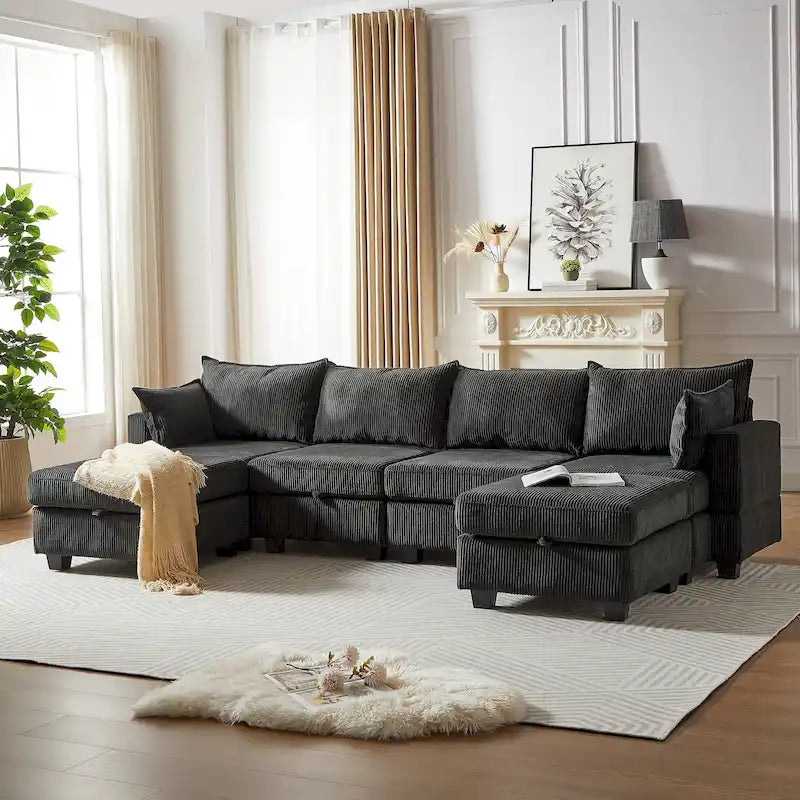 Canapé modulaire convertible en velours côtelé avec assises de rangement et deux poufs amovibles, offrant des combinaisons flexibles.