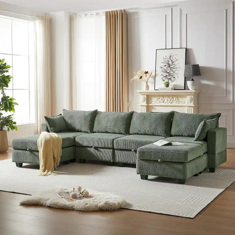 Canapé modulaire convertible en velours côtelé avec assises de rangement et deux poufs amovibles, offrant des combinaisons flexibles.