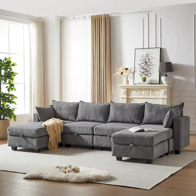 Canapé modulaire convertible en velours côtelé avec assises de rangement et deux poufs amovibles, offrant des combinaisons flexibles.