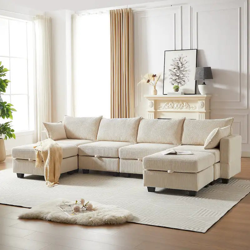 Canapé modulaire convertible en velours côtelé avec assises de rangement et deux poufs amovibles, offrant des combinaisons flexibles.