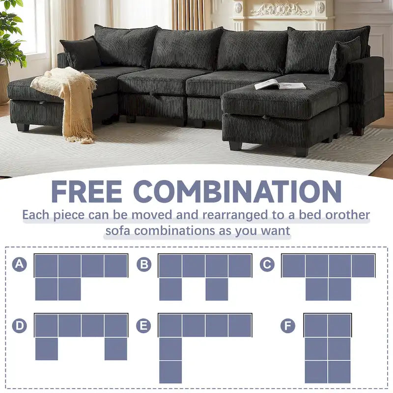 Canapé modulaire convertible en velours côtelé avec assises de rangement et deux poufs amovibles, offrant des combinaisons flexibles.