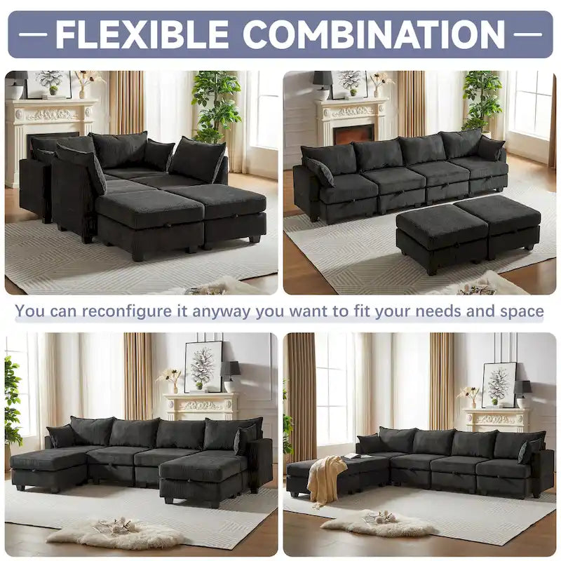 Canapé modulaire convertible en velours côtelé avec assises de rangement et deux poufs amovibles, offrant des combinaisons flexibles.