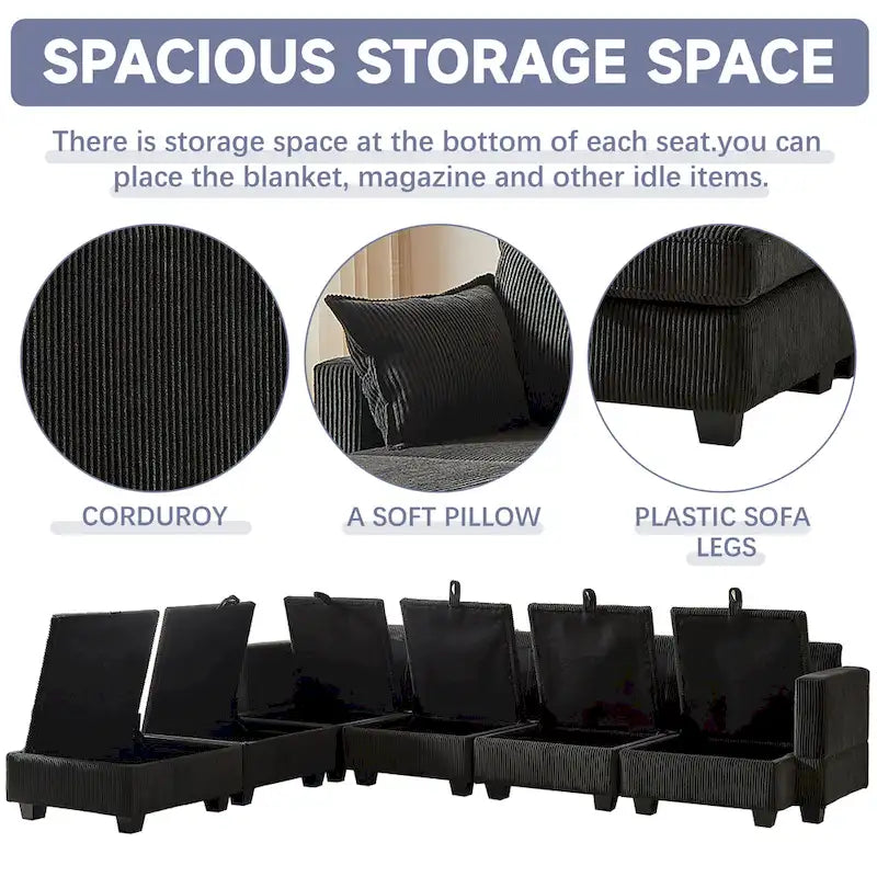 Canapé modulaire convertible en velours côtelé avec assises de rangement et deux poufs amovibles, offrant des combinaisons flexibles.