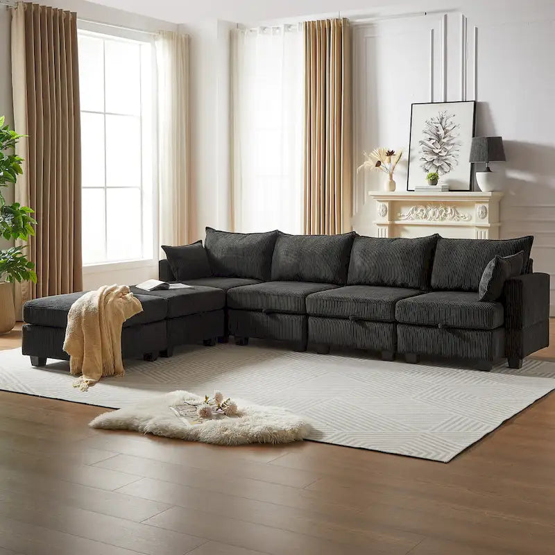 Canapé modulaire convertible en velours côtelé avec assises de rangement et deux poufs amovibles, offrant des combinaisons flexibles.