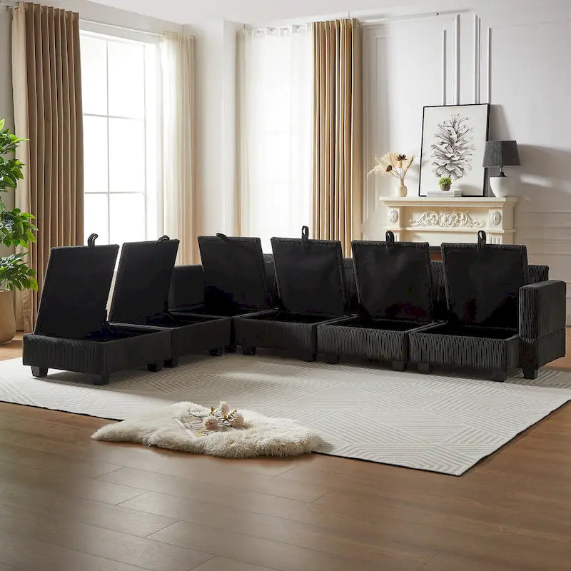 Canapé modulaire convertible en velours côtelé avec assises de rangement et deux poufs amovibles, offrant des combinaisons flexibles.