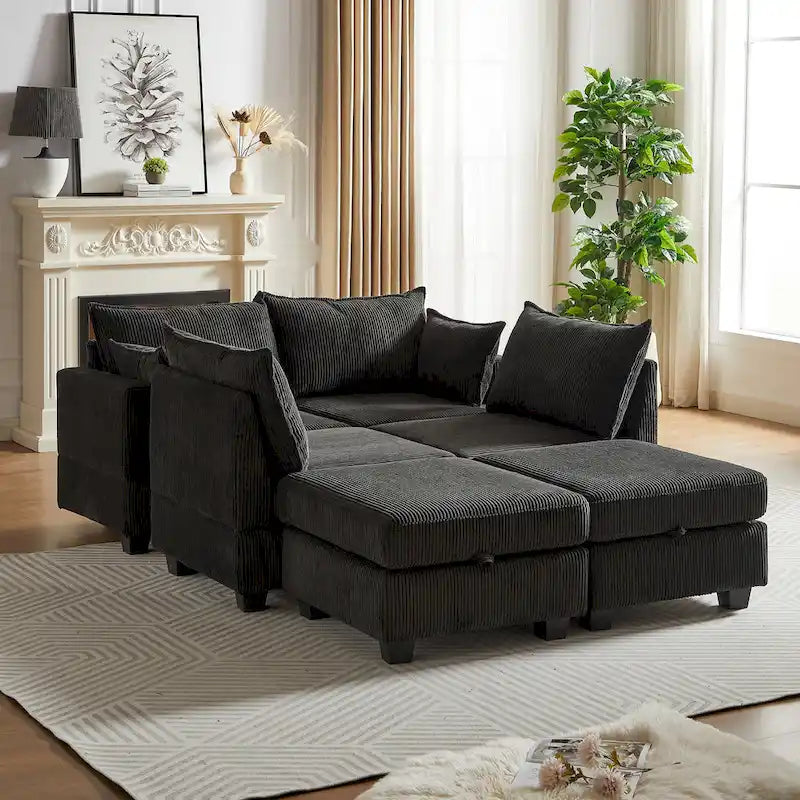 Canapé modulaire convertible en velours côtelé avec assises de rangement et deux poufs amovibles, offrant des combinaisons flexibles.