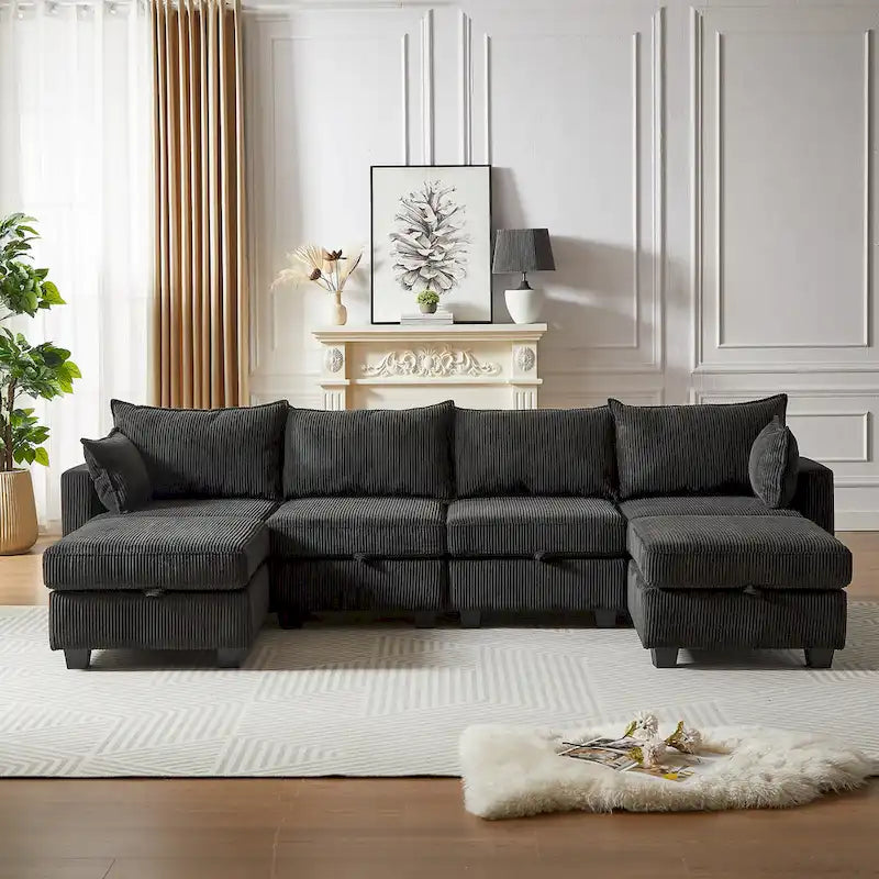 Canapé modulaire convertible en velours côtelé avec assises de rangement et deux poufs amovibles, offrant des combinaisons flexibles.