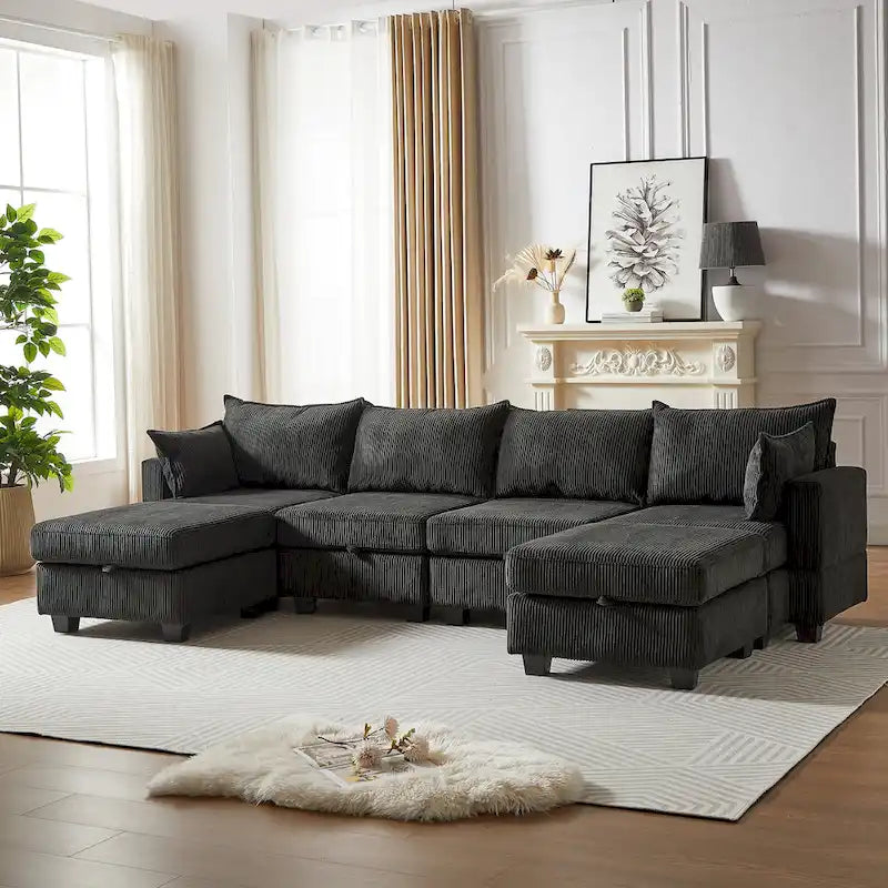 Canapé modulaire convertible en velours côtelé avec assises de rangement et deux poufs amovibles, offrant des combinaisons flexibles.