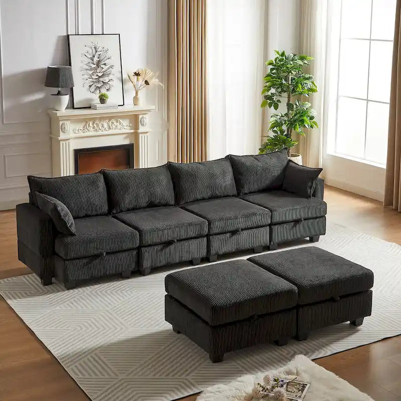Canapé modulaire convertible en velours côtelé avec assises de rangement et deux poufs amovibles, offrant des combinaisons flexibles.