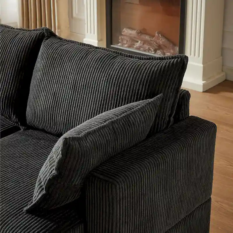 Canapé modulaire convertible en velours côtelé avec assises de rangement et deux poufs amovibles, offrant des combinaisons flexibles.