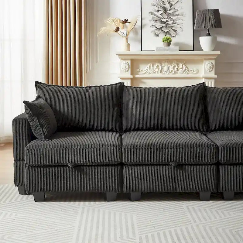 Canapé modulaire convertible en velours côtelé avec assises de rangement et deux poufs amovibles, offrant des combinaisons flexibles.