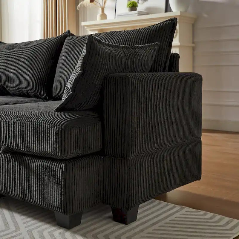Canapé modulaire convertible en velours côtelé avec assises de rangement et deux poufs amovibles, offrant des combinaisons flexibles.