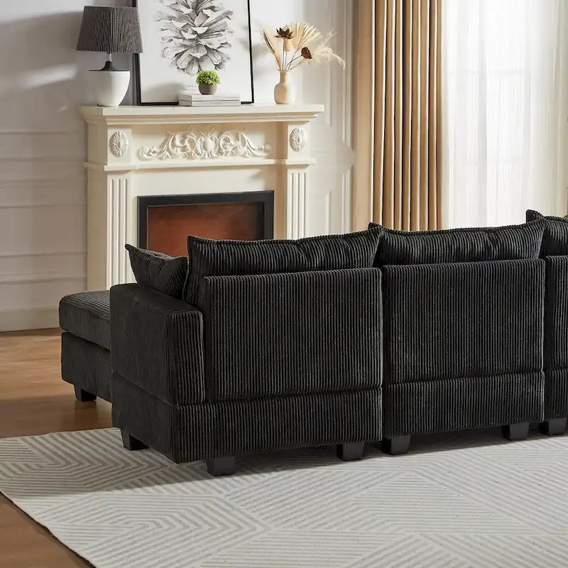 Canapé modulaire convertible en velours côtelé avec assises de rangement et deux poufs amovibles, offrant des combinaisons flexibles.