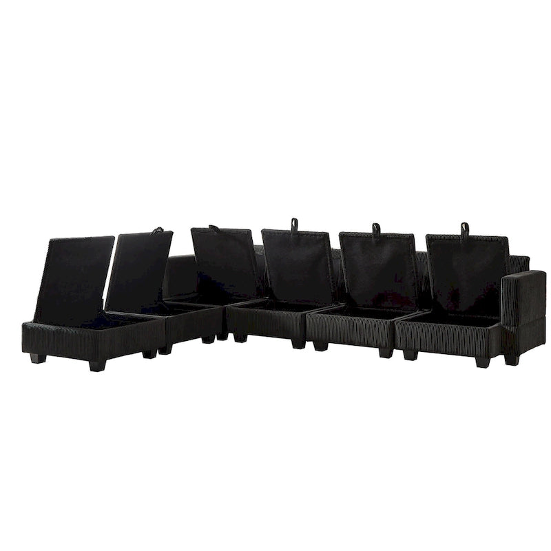 Canapé modulaire convertible en velours côtelé avec assises de rangement et deux poufs amovibles, offrant des combinaisons flexibles.