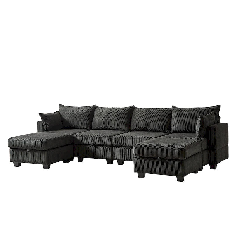 Canapé modulaire convertible en velours côtelé avec assises de rangement et deux poufs amovibles, offrant des combinaisons flexibles.