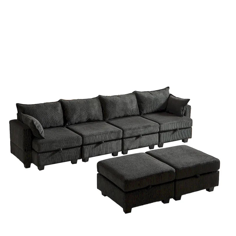 Canapé modulaire convertible en velours côtelé avec assises de rangement et deux poufs amovibles, offrant des combinaisons flexibles.