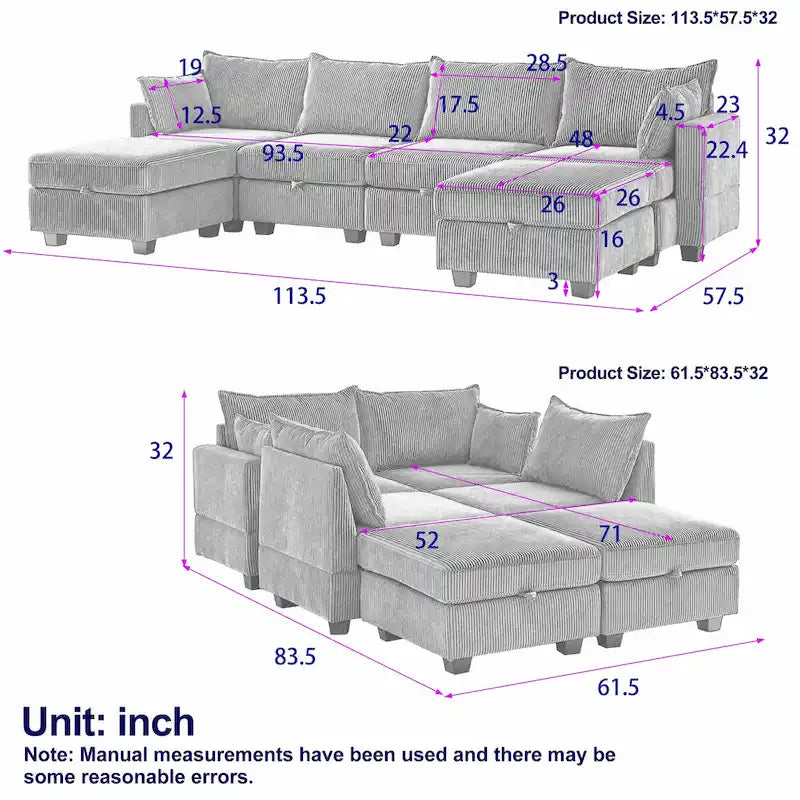 Canapé modulaire convertible en velours côtelé avec assises de rangement et deux poufs amovibles, offrant des combinaisons flexibles.