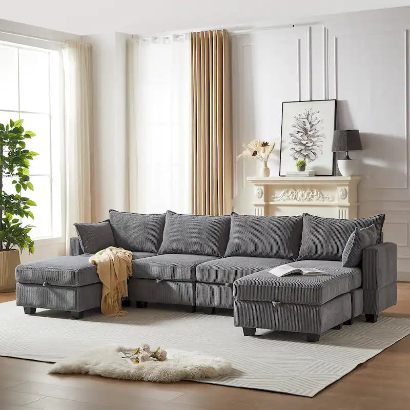 Canapé modulaire convertible en velours côtelé avec assises de rangement et deux poufs amovibles, offrant des combinaisons flexibles.