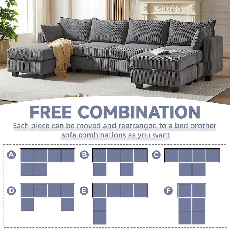 Canapé modulaire convertible en velours côtelé avec assises de rangement et deux poufs amovibles, offrant des combinaisons flexibles.