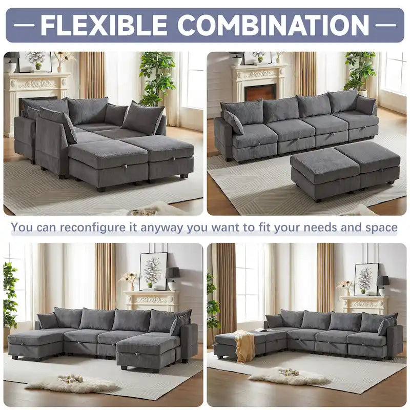 Canapé modulaire convertible en velours côtelé avec assises de rangement et deux poufs amovibles, offrant des combinaisons flexibles.