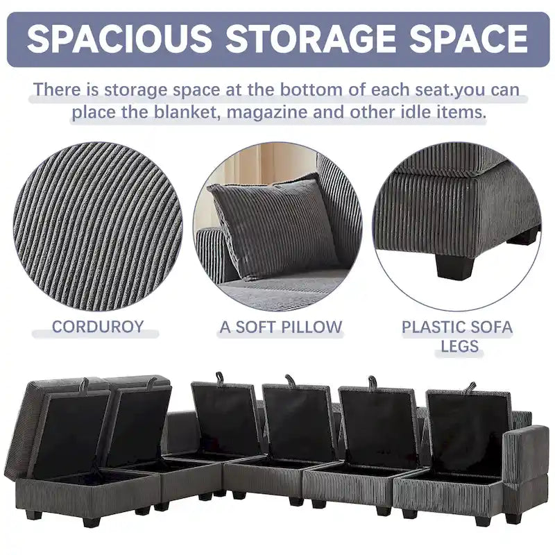 Canapé modulaire convertible en velours côtelé avec assises de rangement et deux poufs amovibles, offrant des combinaisons flexibles.