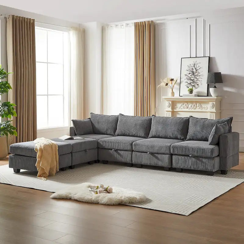 Canapé modulaire convertible en velours côtelé avec assises de rangement et deux poufs amovibles, offrant des combinaisons flexibles.