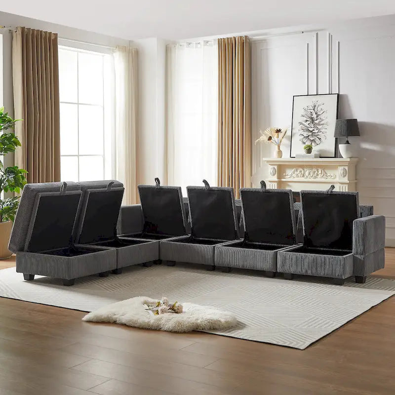 Canapé modulaire convertible en velours côtelé avec assises de rangement et deux poufs amovibles, offrant des combinaisons flexibles.