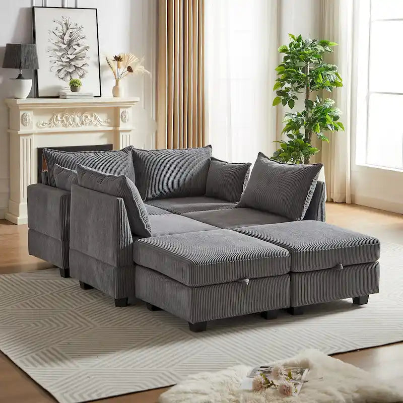 Canapé modulaire convertible en velours côtelé avec assises de rangement et deux poufs amovibles, offrant des combinaisons flexibles.