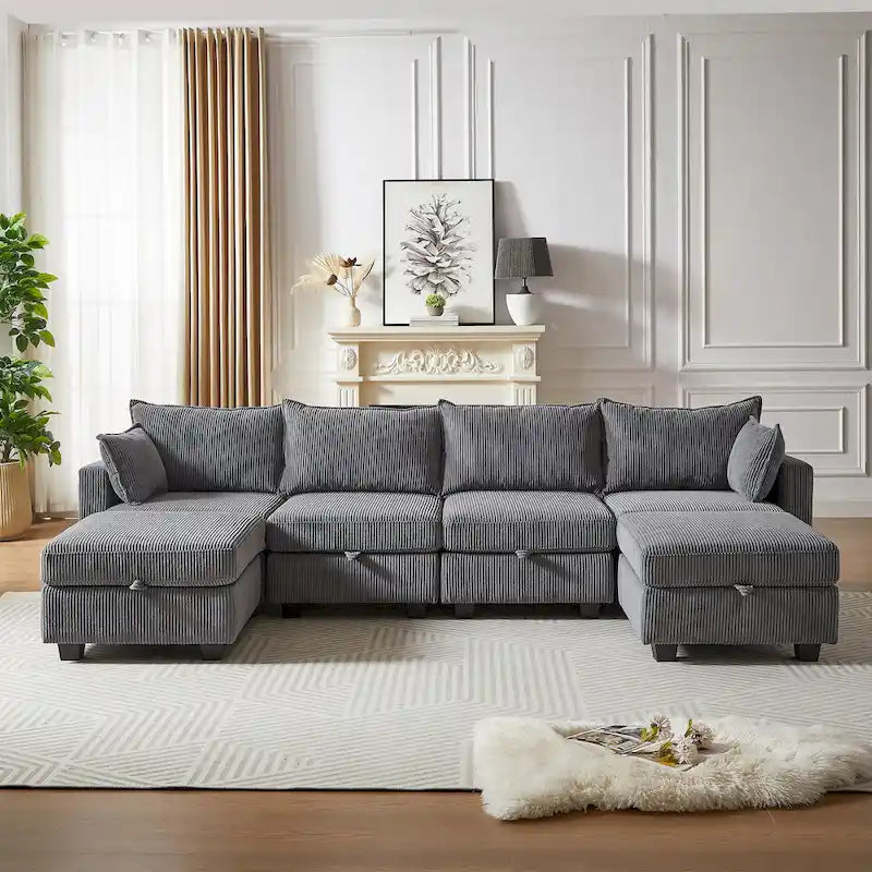 Canapé modulaire convertible en velours côtelé avec assises de rangement et deux poufs amovibles, offrant des combinaisons flexibles.