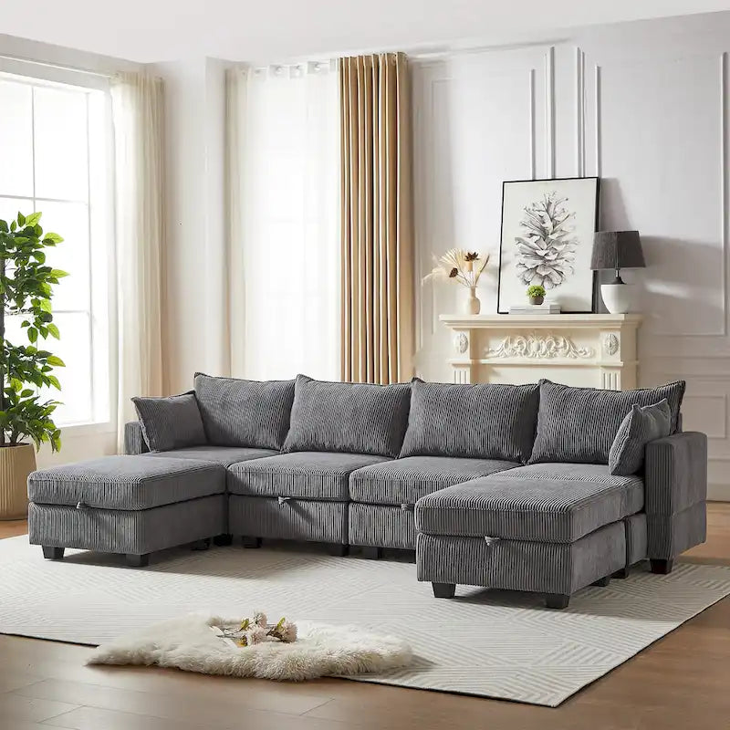 Canapé modulaire convertible en velours côtelé avec assises de rangement et deux poufs amovibles, offrant des combinaisons flexibles.
