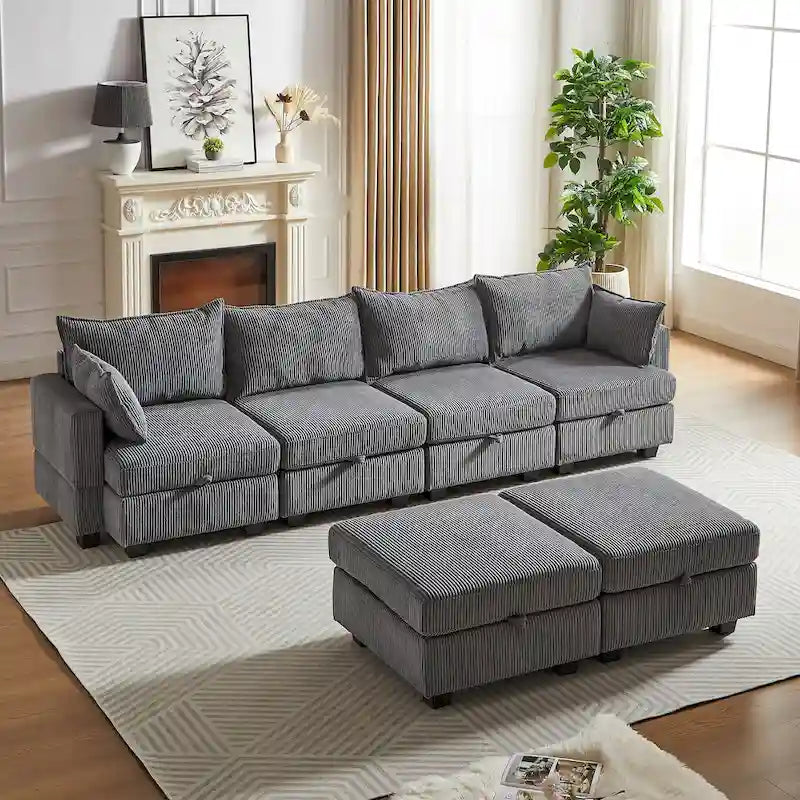 Canapé modulaire convertible en velours côtelé avec assises de rangement et deux poufs amovibles, offrant des combinaisons flexibles.