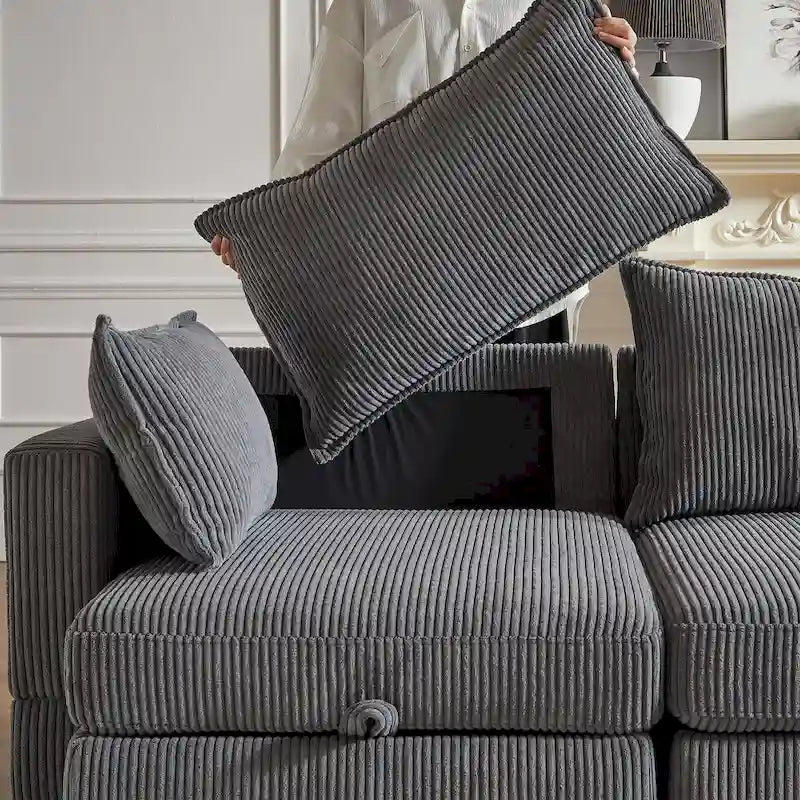 Canapé modulaire convertible en velours côtelé avec assises de rangement et deux poufs amovibles, offrant des combinaisons flexibles.