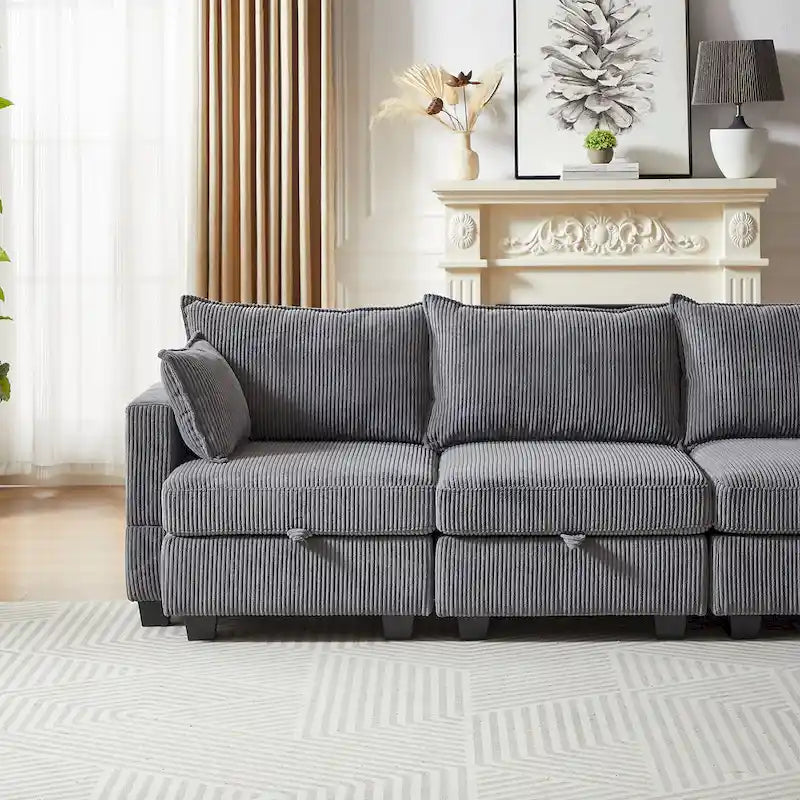 Canapé modulaire convertible en velours côtelé avec assises de rangement et deux poufs amovibles, offrant des combinaisons flexibles.