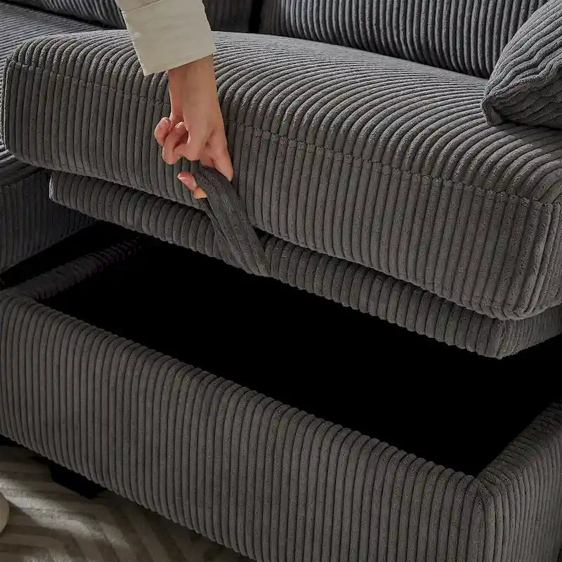 Canapé modulaire convertible en velours côtelé avec assises de rangement et deux poufs amovibles, offrant des combinaisons flexibles.