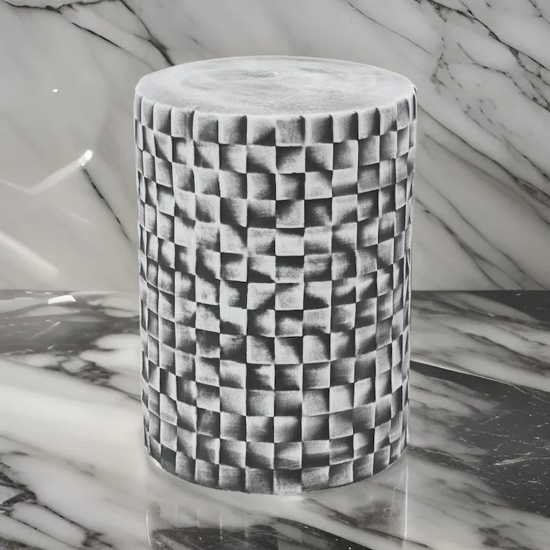 Tabouret de 45 cm, Céramique, Cylindrique, Géométrie Texturée, Extérieur, Gris
