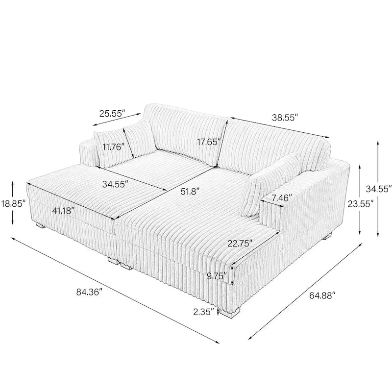 Canapé modulable avec méridienne en velours côtelé de 213 cm de large