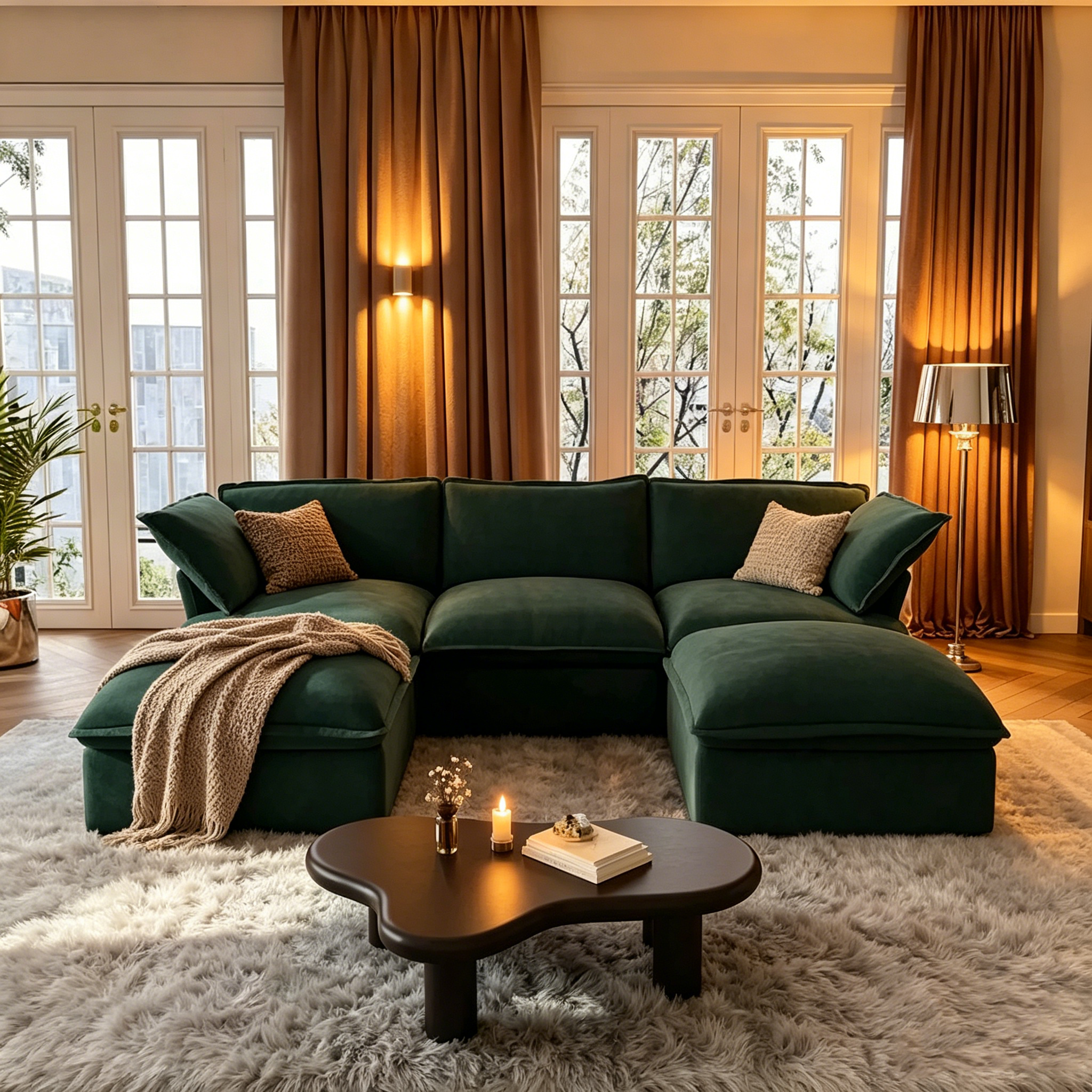 Canapé d'angle en U pour salon, canapé d'angle convertible en velours avec poufs