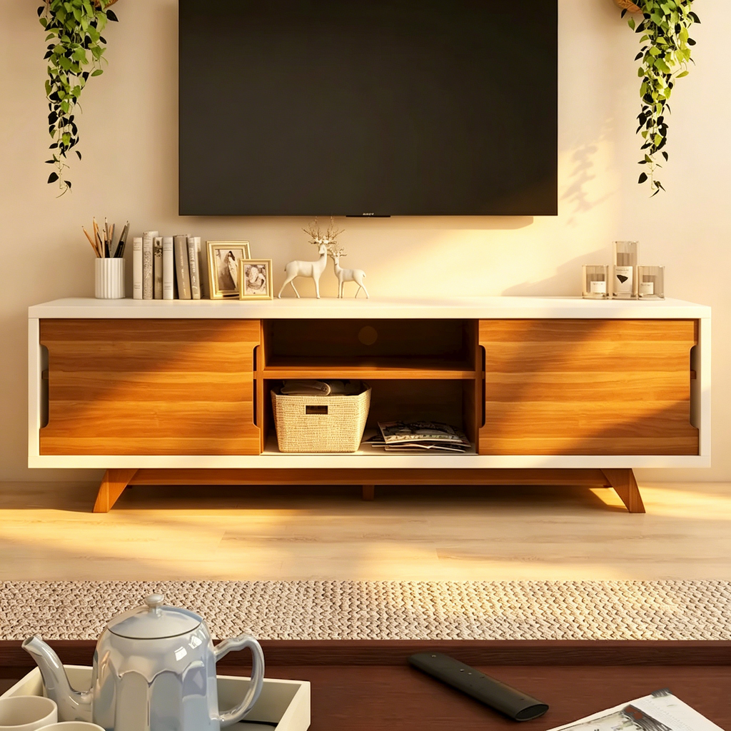 Meuble TV à six niveaux de 157 cm de large, en bois blanc et noyer, style médiéval moderne