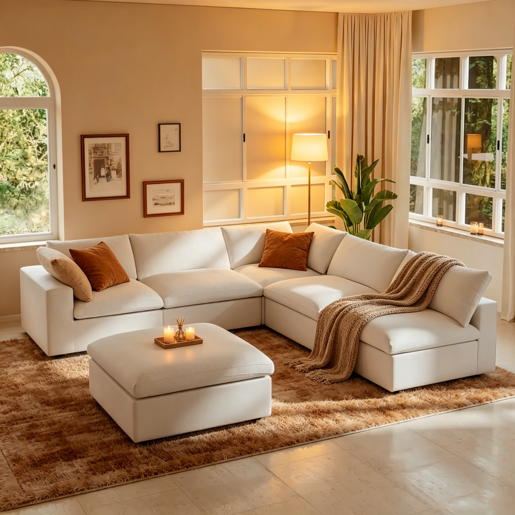 Canapé d'angle en plumes, 5 places, avec pouf