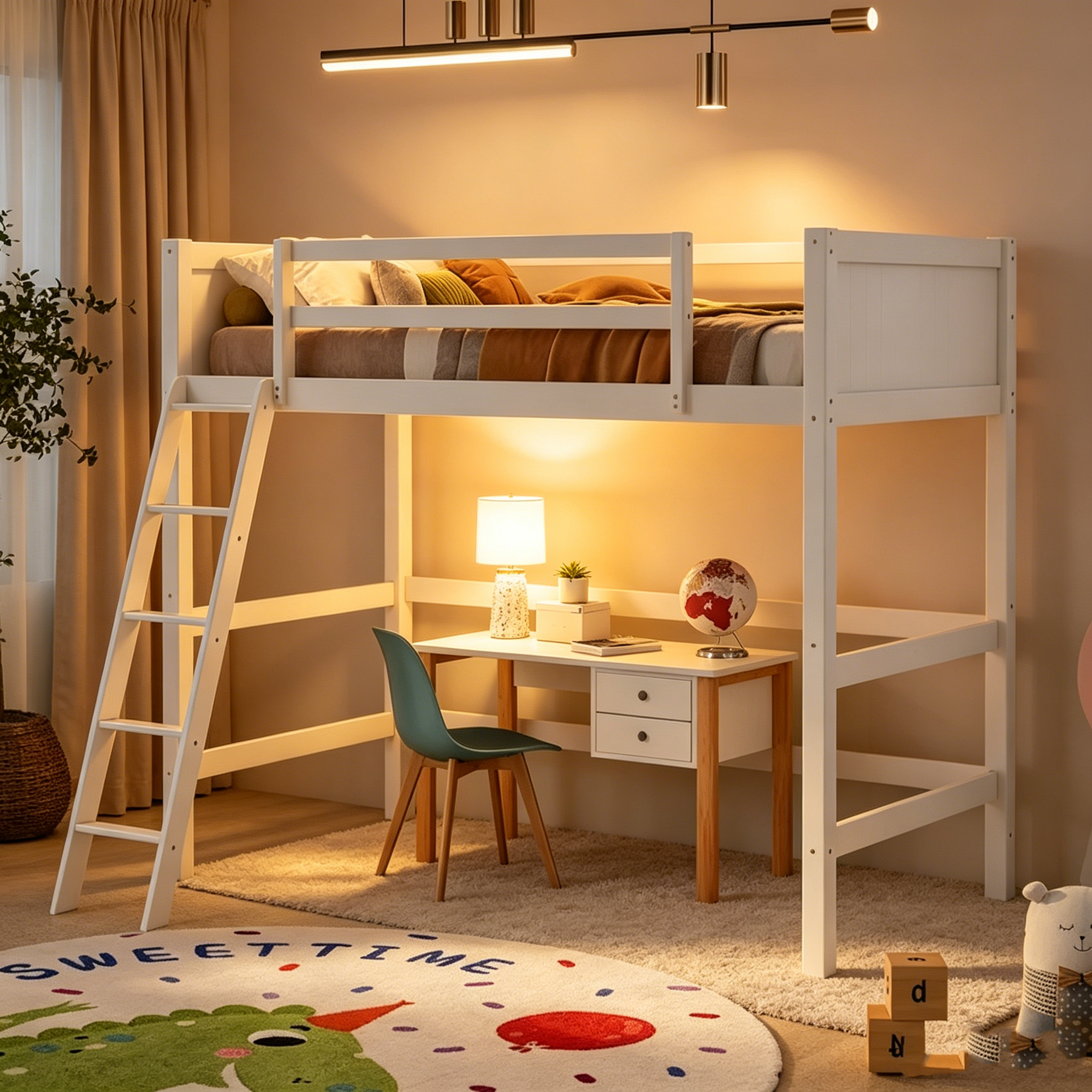 Lit mezzanine double en bois massif avec échelle