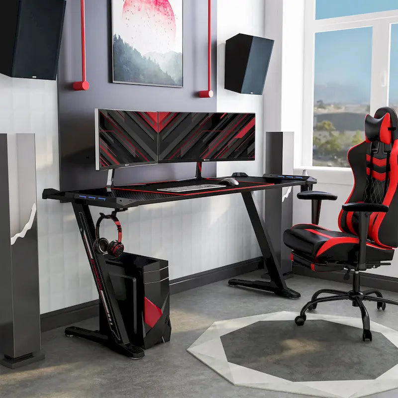 Bureau informatique moderne en acier noir de 67 pouces avec ports USB