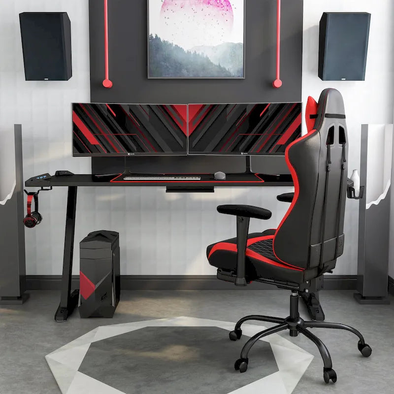 Bureau informatique moderne en acier noir de 67 pouces avec ports USB