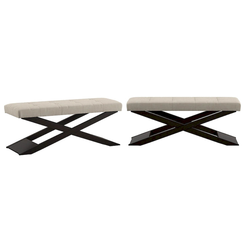 Banc en lin beige et bois à piètement en X
