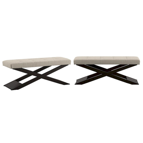 Banc en lin beige et bois à piètement en X