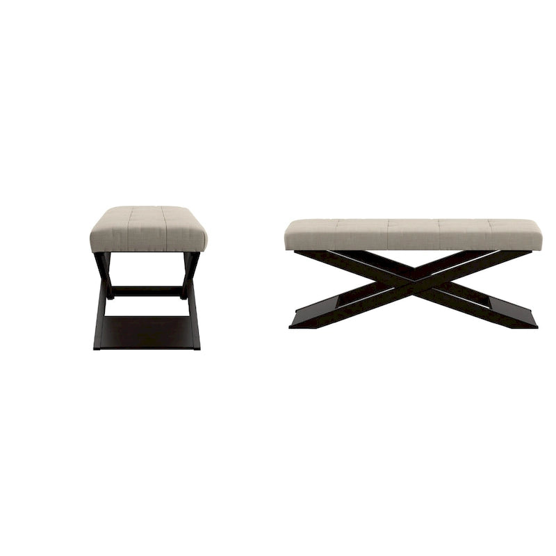 Banc en lin beige et bois à piètement en X