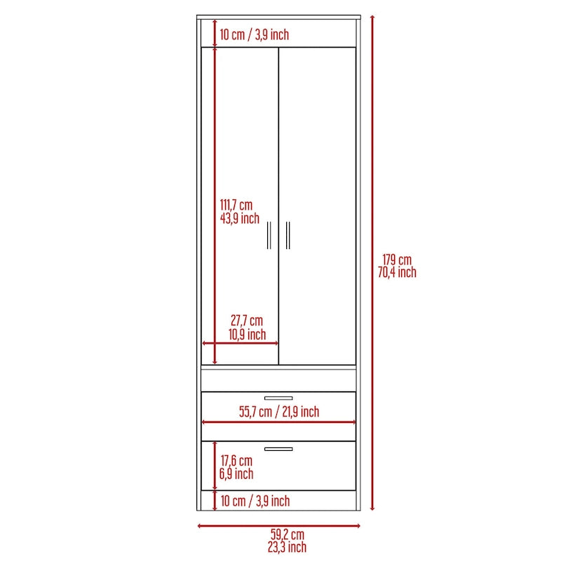 Penderie, deux portes, 2 tiroirs, avec tringle à vêtements