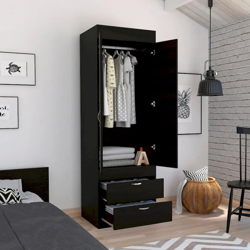 Penderie, deux portes, 2 tiroirs, avec tringle à vêtements