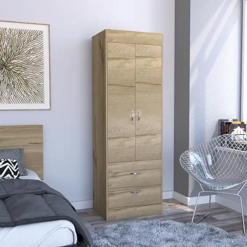 Penderie, deux portes, 2 tiroirs, avec tringle à vêtements