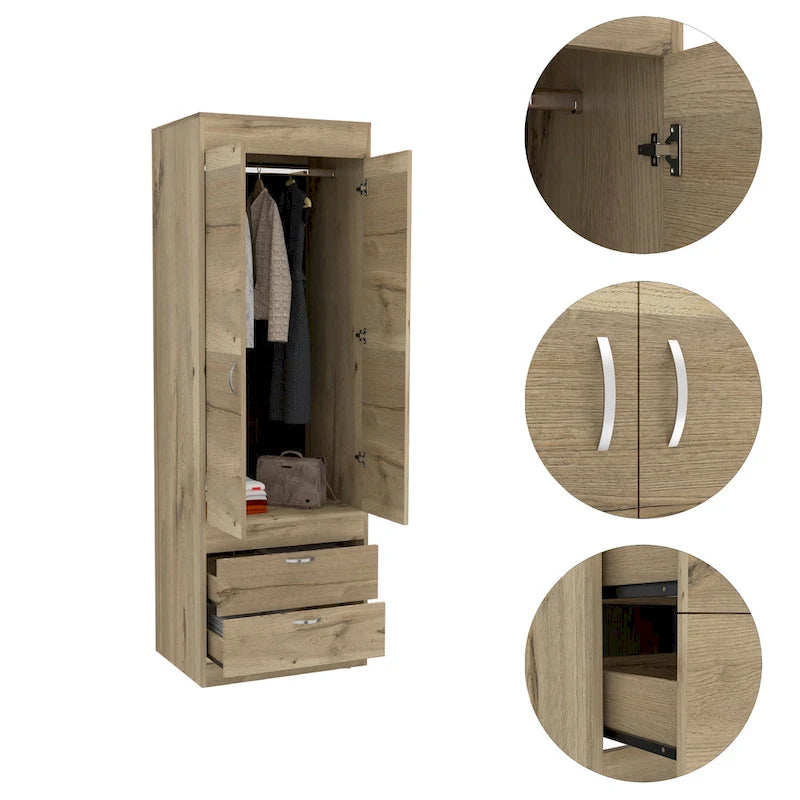 Penderie, deux portes, 2 tiroirs, avec tringle à vêtements